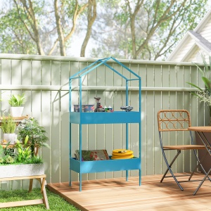Suport Ghivece pe 2 Niveluri din Metal în Formă de Casă, Raft pentru Plante cu Cârlig pentru Interior și Exterior, 75x35x150 cm, Verde Albastru - Img 8
