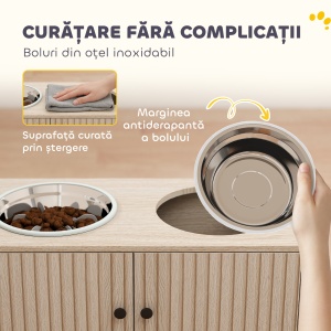 Suport pentru boluri pentru câini cu 2 boluri de 2L și dulap inferior, din lemn, 60x30x35,5 cm, stejar - Img 6