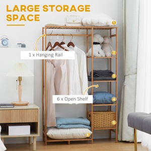 Suport pentru Haine din Bambus cu Rafturi pe 6 Niveluri și Bară pentru Haine, Stender pentru Dormitor și Hol, Design Modern, 90x30x145 cm, Lemn Natural - Img 4