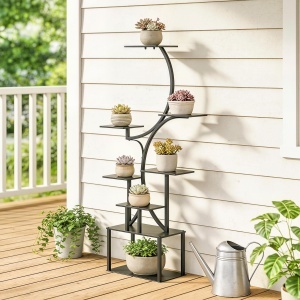 Suport pentru Plante cu 8 Rafturi în Formă de S, Suport Ghivece Metalic pentru Interior și Exterior, pentru Grădină, Balcon, Terasă, Cameră de Zi, 74x26x158,5 cm, Negru - Img 9