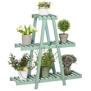 Suport pentru plante din lemn de brad cu 3 niveluri pentru interior si exterior, 76x26x76cm, verde deschis - Img 1