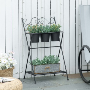 Suport pentru plante din Metal Pliabil cu 3 Ghivece, Raft pentru Plante cu Etajera pentru Casa si Gradina, 47x37x78,5 cm, Negru - Img 2
