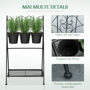 Suport pentru plante din Metal Pliabil cu 3 Ghivece, Raft pentru Plante cu Etajera pentru Casa si Gradina, 47x37x78,5 cm, Negru - Img 7