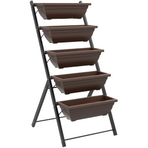 Suport pentru Plante Vertical cu 5 Niveluri și 5 Ghivece cu Găuri de Drenaj, Suport din Oțel și Plastic, 55x63x120 cm, Maro - Img 1