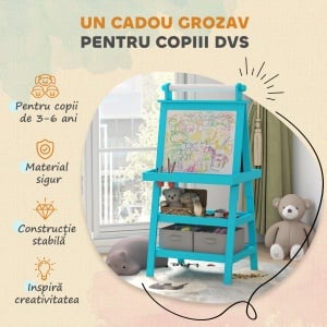 Tablă de Desen Dublă cu Magnet, Sul de Hârtie și Depozitare, Pentru Copii 3-6 Ani, 59x48x118 cm, Albastru - Img 6