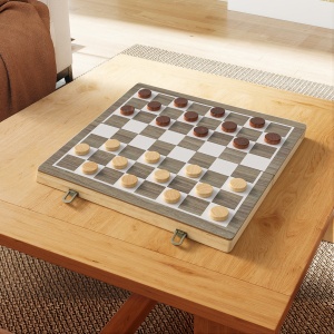 Tablă de Șah Pliabilă pentru Șah și Dame cu Compartimente, din Lemn și Metal, 38.5x38.5x2.8 cm, Alb și Nuc - Img 9