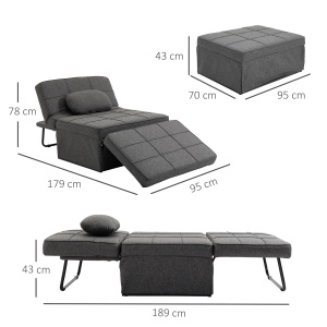 Taburet Pat Individual 3 în 1 cu Spătar Reglabil pe 5 Nivele și Pernă Suplimentară, 95x179x78 cm, Gri - Img 3