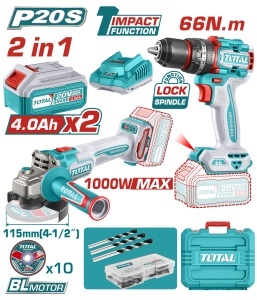 TOTAL - KIT COMBO - 20V - 4.0Ah- MASINA DE GAURIT CU IMPACT, POLIZOR UNGHIULAR (INCLUDE 2 ACUMULATOR