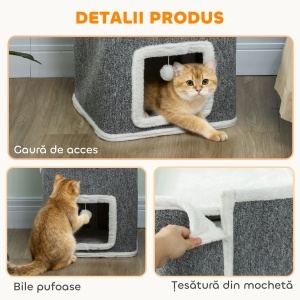 Turn pentru Pisici cu 4 Niveluri, 3 Căsuțe, 3 Bile de Jucărie și Loc de Relaxare, Copac pentru Pisici din Plăci Aglomerate, Țesătură și Pluș, 41x41x100 cm, Gri și Alb - Img 5