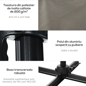 Umbrelă de Grădină cu Manivelă, Rotire la 360° și Copertină Reglabilă pe 5 Niveluri, 2.5x2.5 m, Gri Deschis - Img 7