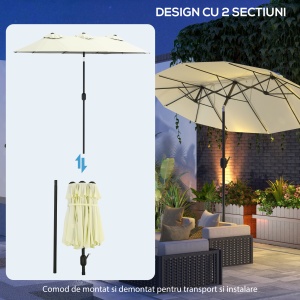 Umbrelă de Grădină Dublă Înclinabilă la 45° cu Manivelă si 3 Orificii de Ventilație, 295x152x222 cm, Bej - Img 8
