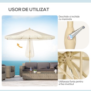 Umbrelă de Grădină Înclinabilă pe 3 Niveluri cu Franjuri, Manivelă și Tijă cu 2 Secțiuni, Ø265x244 cm, Crem - Img 5