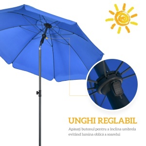 Umbrelă de Plajă 1.8x2 m cu Inclinație la 45° și 8 Stecche, Poliester și Oțel, Albastru - Img 5