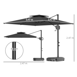 Umbrelă de Soare Suspendată cu Parte Superioară Dublă, Mâner cu Manivelă și Înclinare, 247x247x268 cm, Gri - Img 3