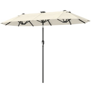 Umbrelă dublă, umbrelă terasă, înclinabilă, cu panou solar, 35 LED-uri, cadru din oțel, bej, 2,92 x 1,50 x 2,18 m - Img 1