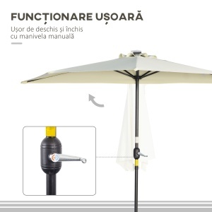 Umbrela Semicirculara cu 20 Lumini LED, Panou Solar, Manivela si Tija in 2 Sectiuni, 265x135x240 cm, Bej - Img 6