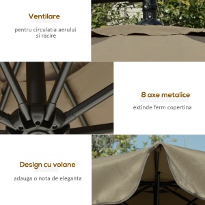 Umbrela Suspendată cu Copertină Reglabilă, Bază în Cruce, Orificii de Ventilaţie şi Manivelă, 2.7x2.7 m, Cafeniu - Img 6