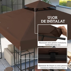 Acoperiș de Schimb pentru Foișor 3x3 m cu 2 Niveluri pentru Grădină, Copertină Rezistentă la Apă din Țesătură Oxford 370g/㎡ Anti-UV 30+ cu Orificii de Drenaj, Cafeniu - Img 5