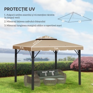 Acoperiș de Schimb pentru Pavilion 3x3 m cu 2 Niveluri, Copertină Rezistentă la Apă din Poliester 170g/㎡ cu 8 Orificii de Drenaj, Bej - Img 3