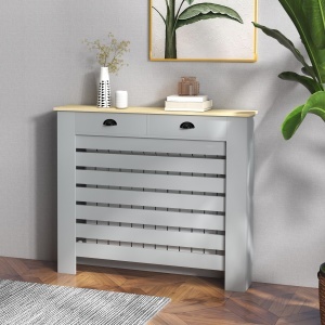 Acoperiș pentru calorifer din MDF cu doghe, cu 2 sertare, 111x19x95.5 cm, Gri - Img 2