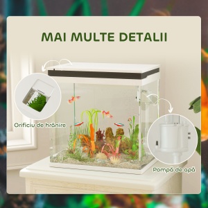 Acvariu de Sticlă pentru Pești cu Iluminare LED, Filtru și Pompă de Apă, 38x26x38 cm, Alb - Img 7
