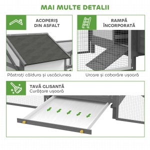 Adăpost din Lemn pentru Găini Ouașe de Exterior cu 2 Zone Laterale, Cuibar, Acoperiș Impermeabil, Tavă Glisantă, Loc de Odihnă, Uși și Rampă, pentru 2-4 Găini, 247x118x113.5cm, Gri - Img 7