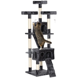 Albero Tiragraffi per Gatti con Due Cucce in Peluche e Sisal, Grigio, 50x50x170cm - Img 1