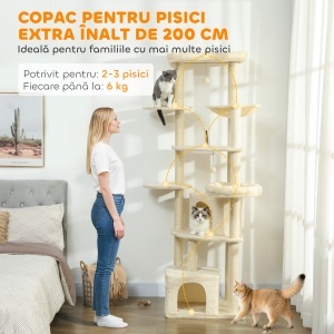 Ansablu de joacă pentru pisici, 2 căsuțe, 2 paturi și hamac, 200cm, bej - Img 4