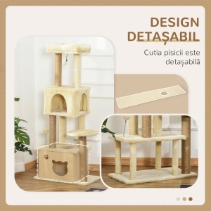 Ansamblu de joacă pentru Pisici Înalt 136 cm cu Căsuță Detașabilă, Căsuță și Pătuț, Stâlpi din Iută, Bej - Img 7