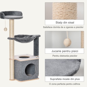 Ansamblu de joaca pentru pisici, Lemn/Plush, 48 x 34 x 95 cm, Gri - Img 5