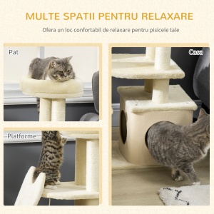 Ansamblu de pisici, Centrul de activitati pentru pisici, jucarie din lemn, turn cu pat pentru pisici, jucarie cu bila agatata, bej - Img 4
