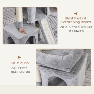 Ansamblu pentru pisici cu stalpi din sisal, pat si 2 case cu tapiterie de plus, 59x39x83cm, gri - Img 5