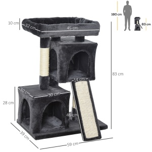 Ansamblu pentru pisici cu stalpi din sisal, pat si 2 Casute cu invelis de plus, 59x39x83cm, Negru - Img 3