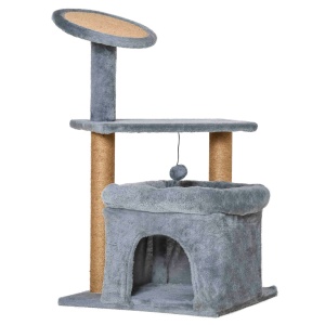 Arbore de zgariat pentru Pisici cu Stalpi din Franghie de Iuta, Casuta si Perna pentru Pisici, Husa din Plus, Inaltime 84 cm - Gri - Img 1