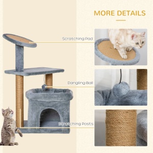 Arbore de zgariat pentru Pisici cu Stalpi din Franghie de Iuta, Casuta si Perna pentru Pisici, Husa din Plus, Inaltime 84 cm - Gri - Img 6