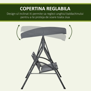 Balansoar cu 2 Locuri de Gradina pentru Exterior cu Baldachin Reglabil si Sezuta din Textilen, 140x118x162cm Gri - Img 4
