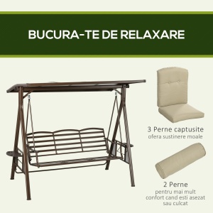 Balansoar de Gradina 3 Locuri din Otel si Poliester cu Baldachin Rabatabil din PC si Perne pentru Spatar si Brate, 208x120x174 cm, Maro si Kaki - Img 7