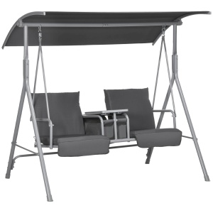 Balansoar Exterior cu Măsuță de Cafea și Suport Central pentru Pahare, Leagăn cu 2 Locuri și Acoperiș, 175x112x158 cm, Gri - Img 1