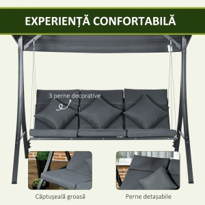 Balansoar pentru Exterior de Grădină cu 3 Locuri și Acoperiș Reglabil, Perne Decorative, 202x115x168 cm, Gri - Img 6