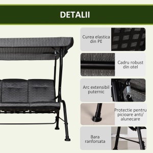 Balansoar pentru Gradina pentru 3 Persoane cu Copertină Reglabilă și Perne, 200x120x170cm, Negru - Img 7