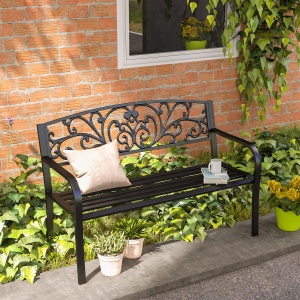 Banca de gradina din metal cu spătar decorat, 127x60x87cm – negru - Img 2