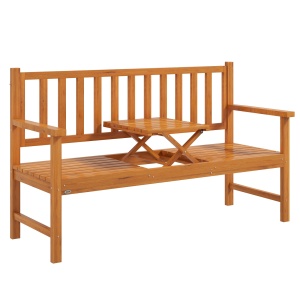 Bancă de Grădină pentru 2-3 Persoane din Lemn de Pin, Bancă de Exterior cu Măsuță Rabatabilă și Brațe, pentru Balcon și Terasă, 153x56x91 cm, Maro Deschis - Img 1