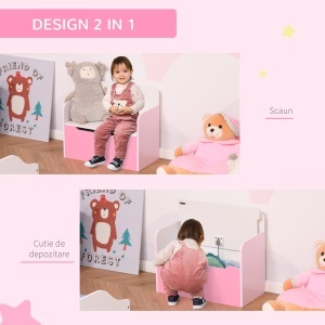 Bancă Depozitare Jucării 2 în 1 din Lemn, Ladă de Depozitare cu Spătar pentru Copii de 3-6 Ani, 60x30x50 cm, Roz - Img 5