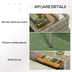 Bancă din ratan pentru 2 persoane pentru grădină, scaun împletit pentru curte cu masă de ceai din sticlă - Img 6