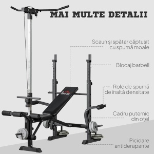 Bancă Multifuncțională pentru Fitness cu Pulley System, Suport pentru Haltere și Spătar Reglabil, Bancă pentru Greutăți Înclinată cu Extensie pentru Picioare, Chest Fly, Suport pentru Greutăți, Antrenament Acasă - Img 8
