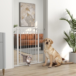 Bariera de Siguranta Interioara pentru Caini, cu 2 Extensii si Usa pentru Pisici, 76-104x77 cm, Alb - Img 2