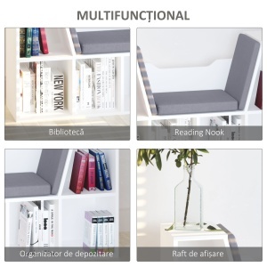 Bibliotecă 2 în 1 cu Perne Confortabile și 6 Compartimente, Mobilier Multifuncțional pentru Cărți și Jocuri, Raft cu 6 Cuburi pentru Sufragerie, Dormitor și Birou, 102x30x61 cm, Alb - Img 5