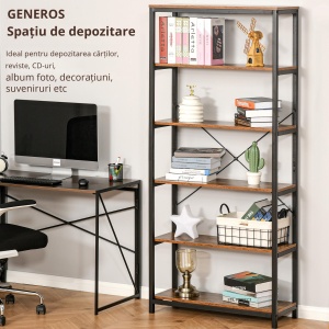 Biblioteca Industriala Vintage – 6 Rafturi din Lemn & Metal Negru - Img 4