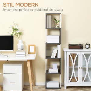 Biblioteca moderna cu 5 rafturi din lemn, economiseste spatiu pentru casa si birou, 33x28x161cm, gri si alb - Img 4