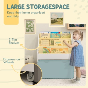 Bibliotecă pentru Copii 3-8 Ani cu 3 Rafturi și Sertar, Raft de Depozitare Jucării, 62,5x30x70 cm, Alb - Img 4